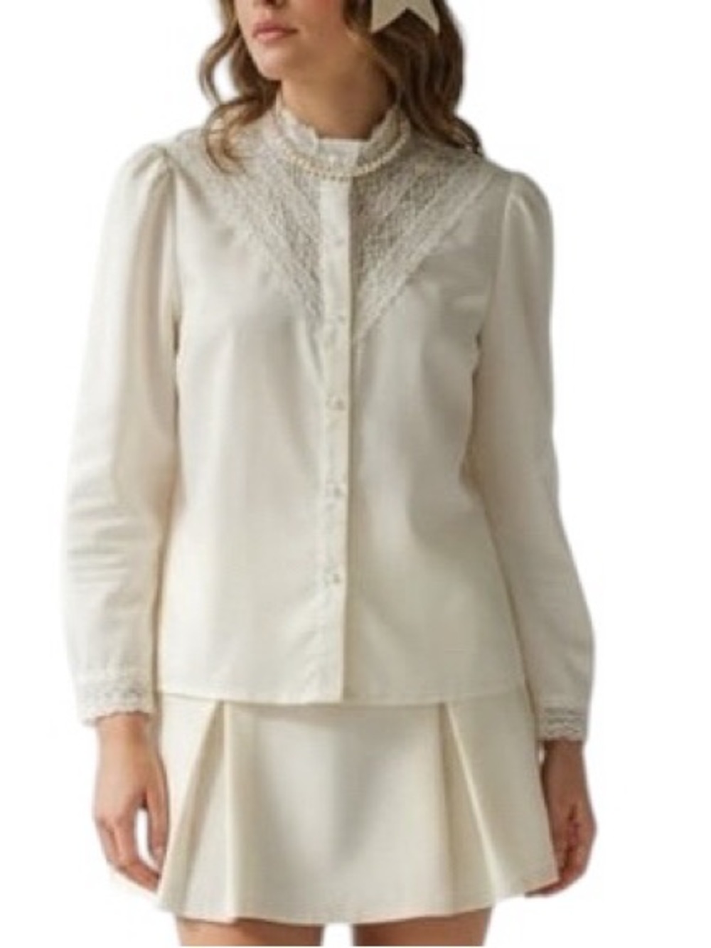 vintage 70s off white  lace victoria inspired pearl button mock neck blouse .
